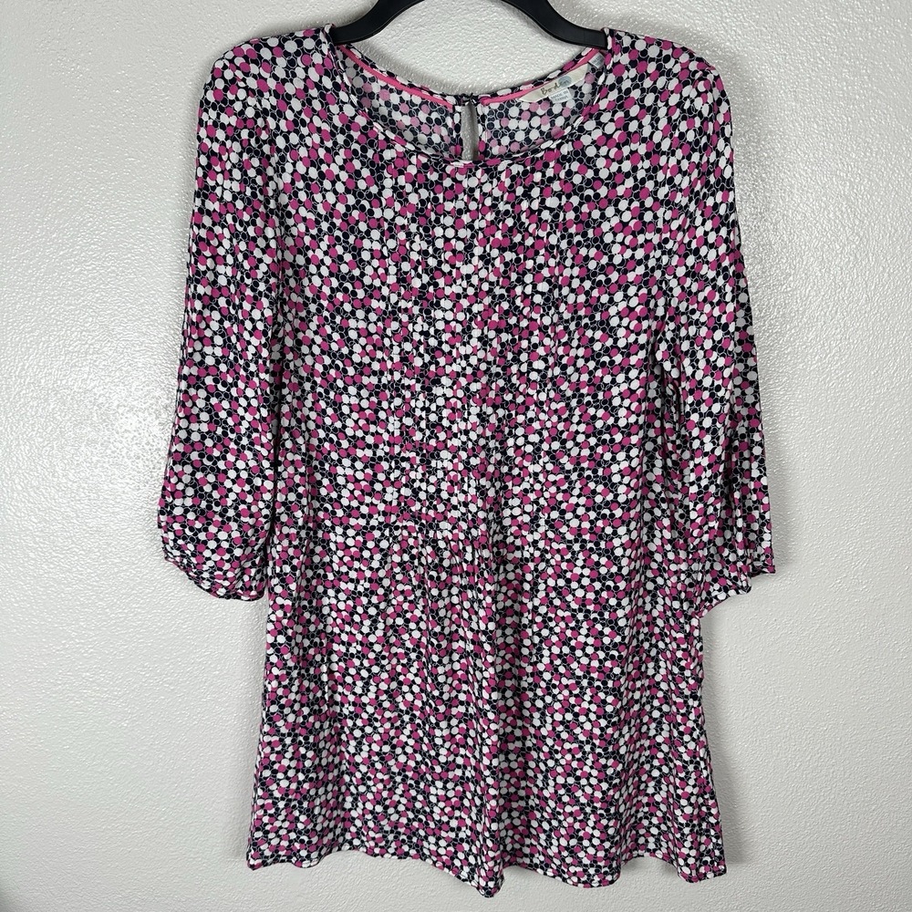 Boden Aurelia Tunic Blouse Size 8R 3/4 Sleeve Pink White Navy Dot Print Viscose